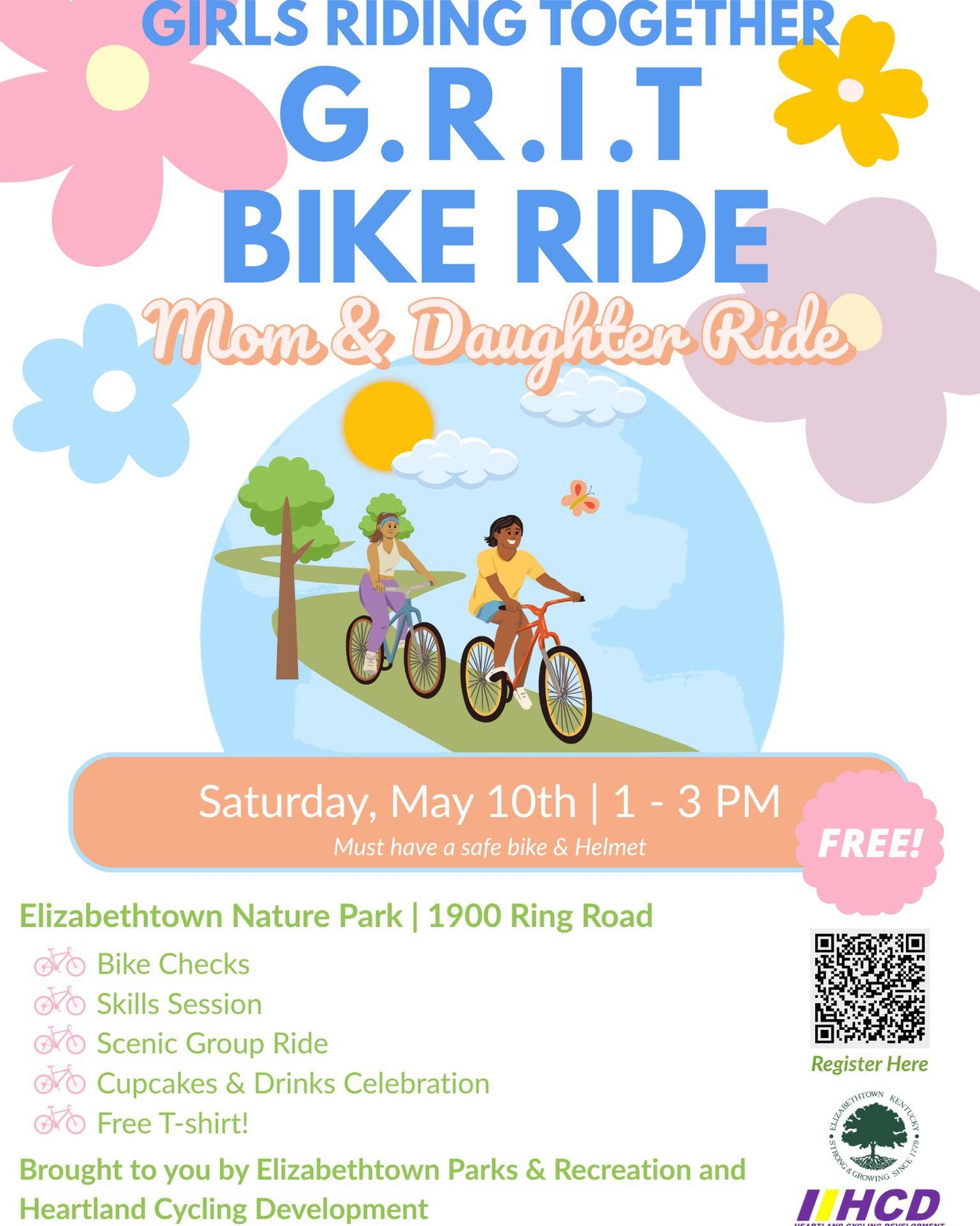Calling all moms and daughters (boy moms, too!)
Join us for a FREE afternoon of fun, sunshine, and two-wheeled adventures at the G.Ri.T. Bike Ride — a special Girls Riding Together event! Bring a friend!
When: Saturday, May 10th | 1–3 PM
Where: Elizabethtown Nature Park | 1900 Ring Road
We’ve got:
Bike checks, a skills session, a scenic ride, cupcakes & drinks, and even a free T-shirt!
Just bring your helmet, a safe bike, and your best smile!
Let’s roll into spring together — register now! (Scan the QR code on the flyer or follow the link below.
Brought to you by Elizabethtown Parks & Recreation + Heartland Cycling Development.
https://buff.ly/3FniM8n
You can reach Heartland Cycling Development at:
• Email: info@heartlandcyclingdevo.org 
• Instagram: @heartland.cycling.devo 
• Facebook: Heartland Cycling Development 
#GirlsRidingTogether #GRITRide #BikeWithMom #ElizabethtownEvents #NICA #HeartlandCycling #FutureShredders #GRITStrong