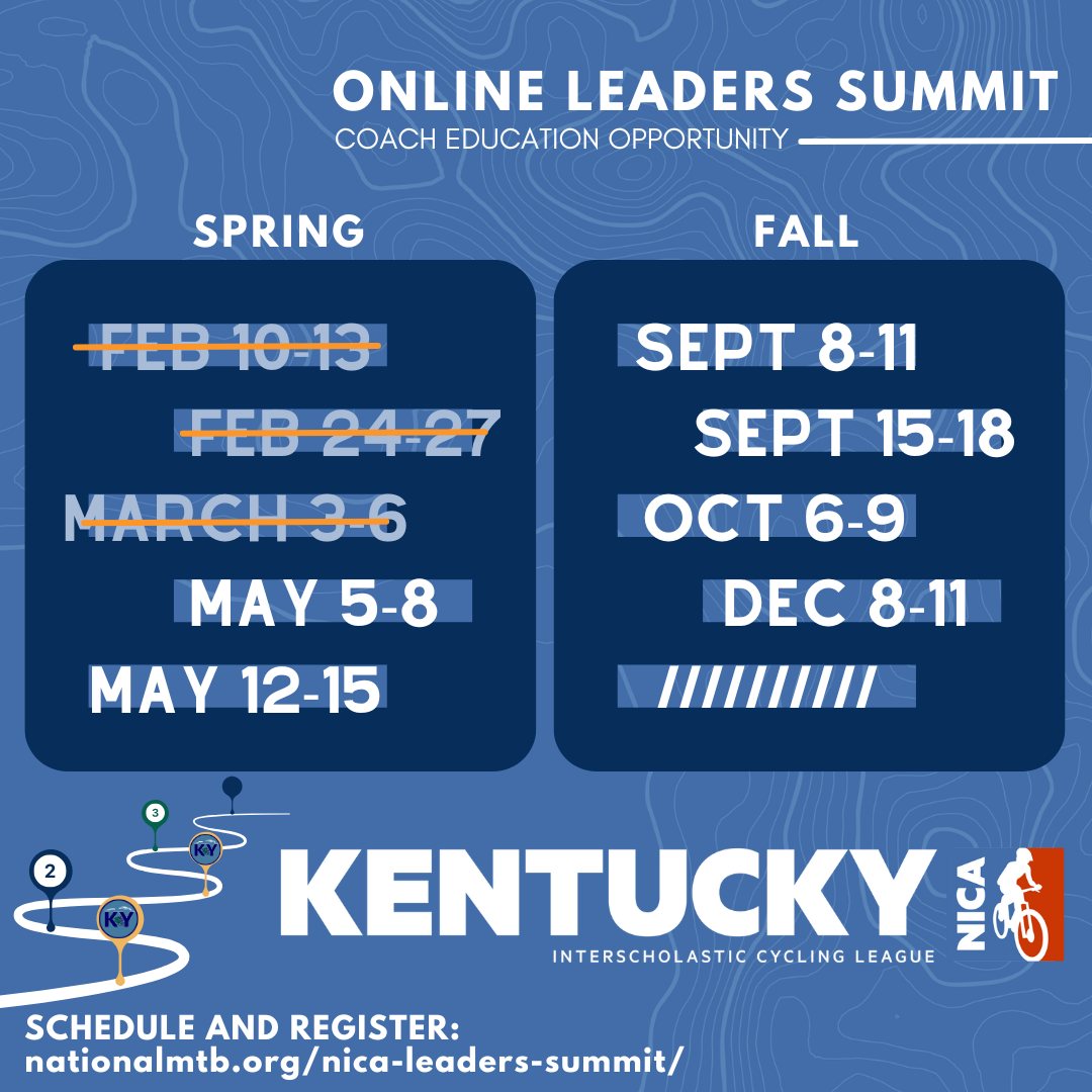 🚴♂️ **CALLING ALL KY NICA COACHES!** 🚴♀️
Are you ready to level up your coaching game? The **NICA Leaders’ Summit** is your pathway to a **Level 3 Coach License** and a chance to earn **CEUs** while growing as a leader in the mountain biking community!
🔹 **What You’ll Learn:**
✅ Working with NICA Student-Athletes
✅ Managing NICA Teams
✅ Risk Management as a NICA Coach
✅ The NICA Handbook & Promoting Positive Behaviors
💻 **Online Leaders’ Summit** Live Zoom sessions to fit your schedule
📅 **Upcoming Online Sessions:**
🗓️ May 5-8 | May 12-15 | Sept 8-11 | Sept 15-18 | Oct 6-9 | Dec 8-11
📢 **Register now and take your coaching to the next level!** Be sure to use the same email for Zoom & Pit Zone for streamlined tracking.
#Kentuckymtb #Nationalmtb #MoreKidsOnBikes #CoachWithNICA #LeadersSummit #LevelUp 🚵♀️💪